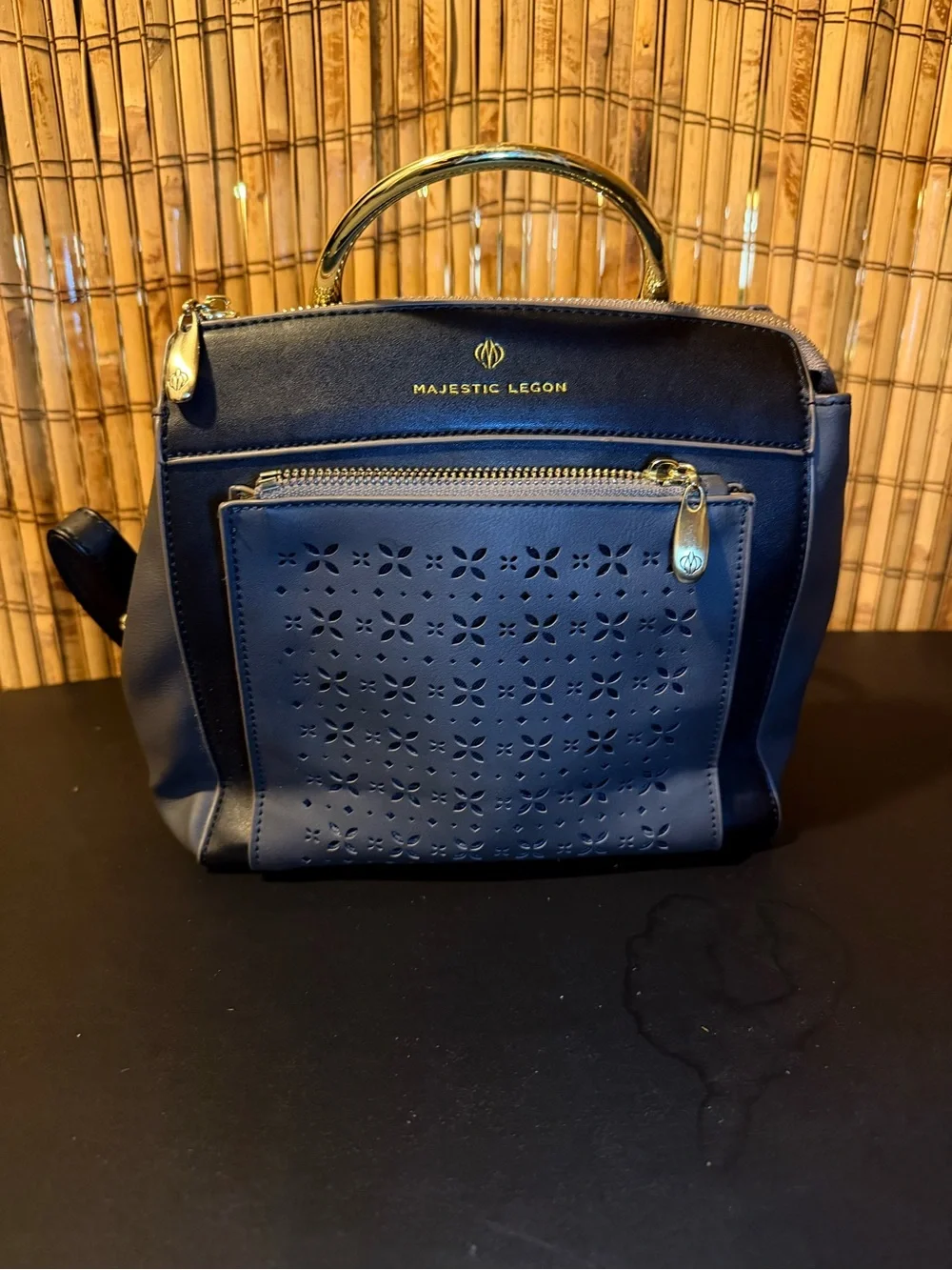 Majestic Black & Gray Perforated Backpack Handbag with Gold Handle